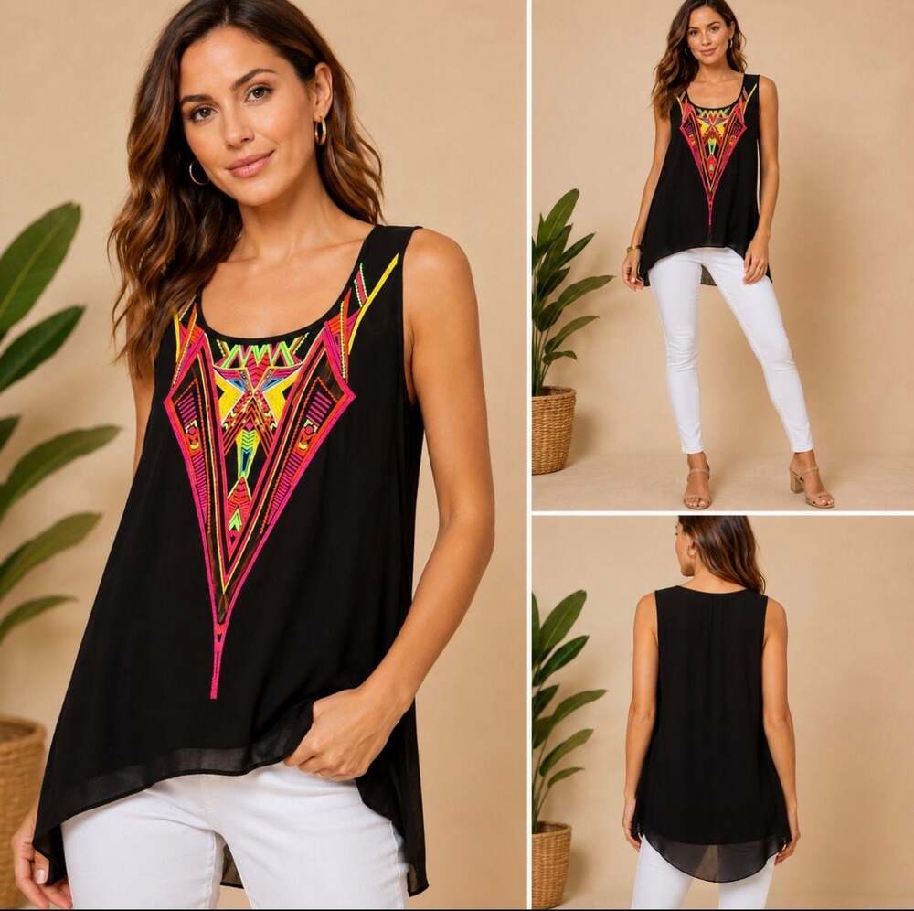 Bisou Bisou Michele Bohbot Embroidered Sleeveless Tank Top Size M